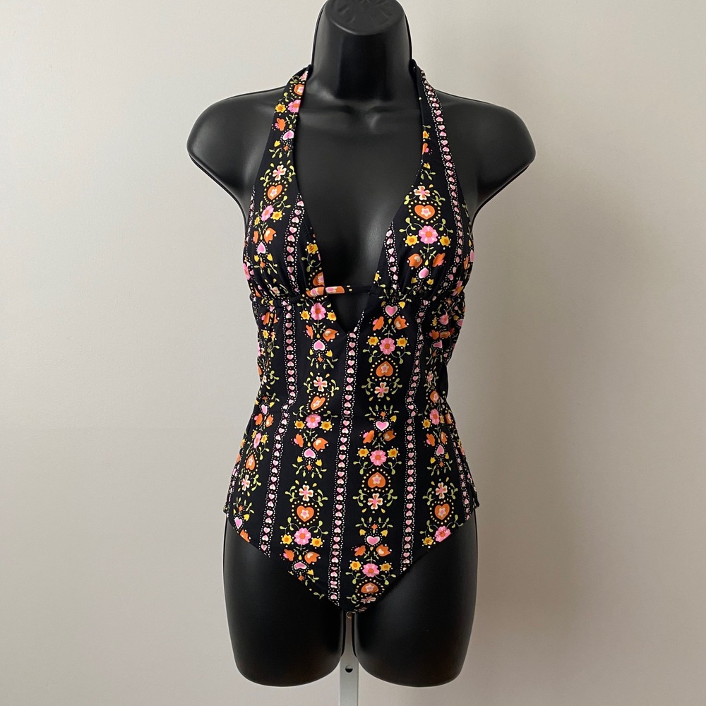 Madewell Floral Boho Beachy Relaxed 70s Retro Halter One Piece Swimsuit 4 Black